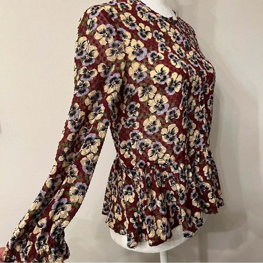 Madewell Drawstring Ruffle-Hem Top in Viola Floral EUC XS Pansy Dusty Burgundy - Picture 7 of 12